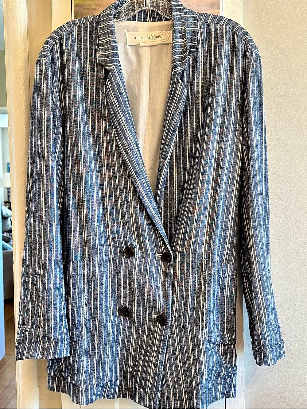 Treasure & Bond Linen Blend Pinstripe Double Breasted Blazer Jacket M